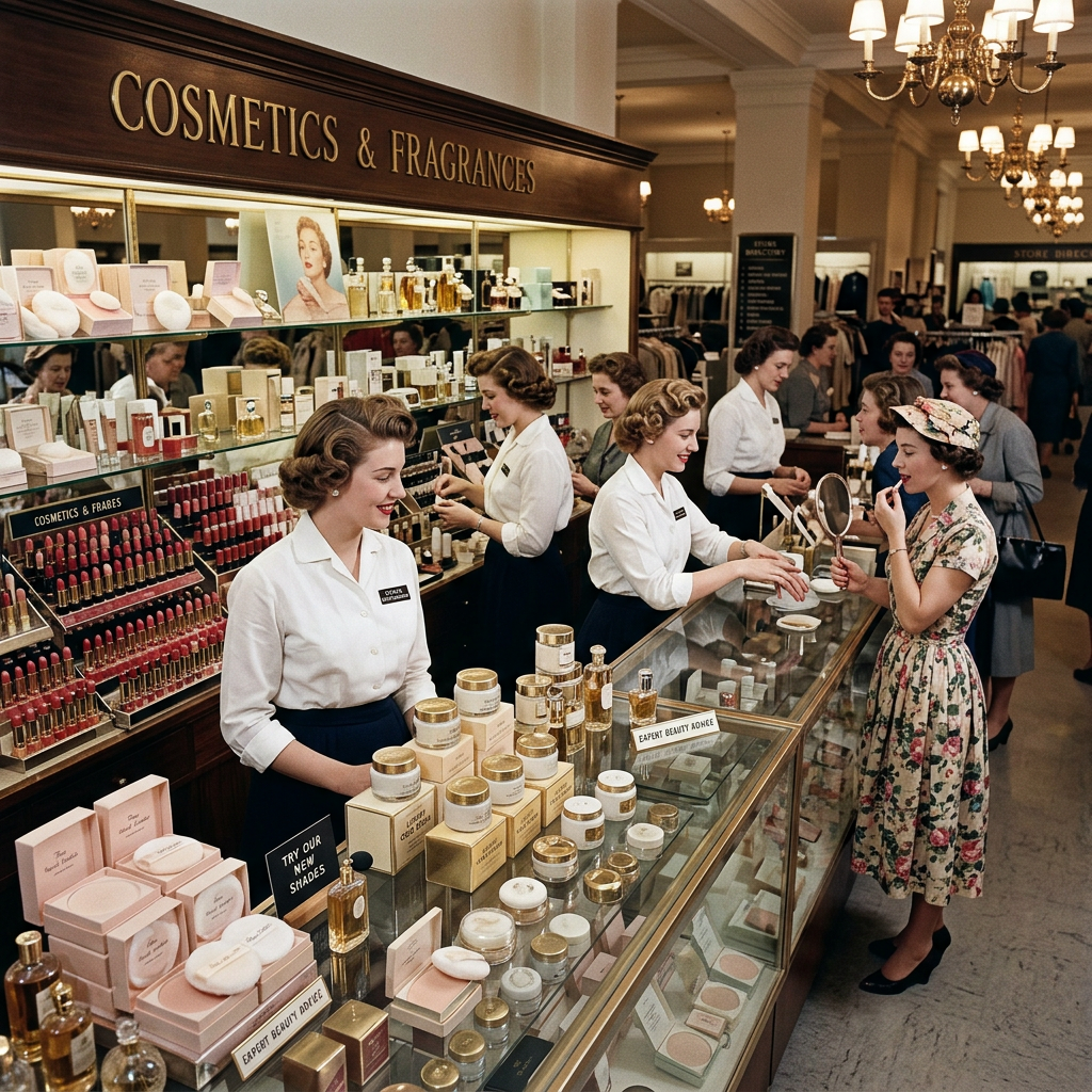 Beauty consultants assisting shoppers at a cosmetics and fragrances counter