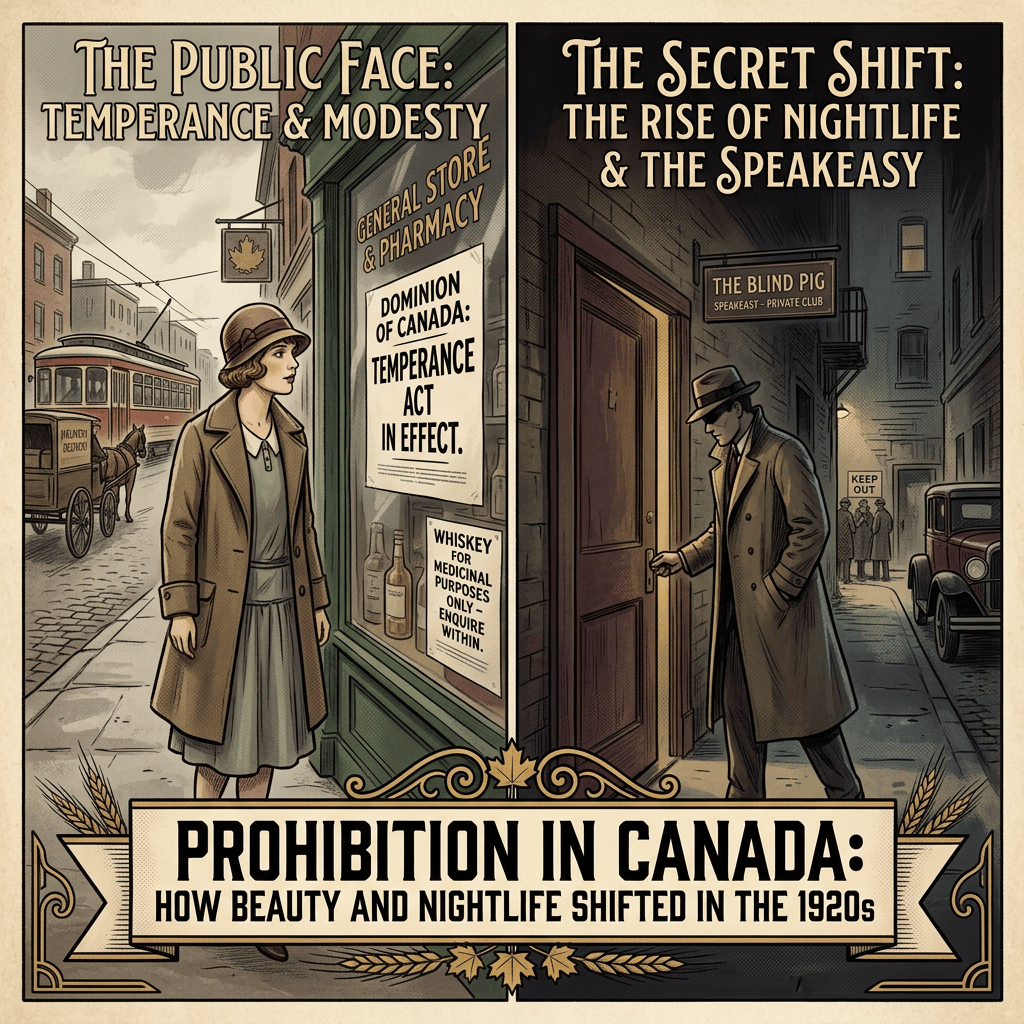 Poster reading “Prohibition in Canada: How Beauty and Nightlife Shifted in the 1920s,” contrasting temperance and a secret speakeasy.