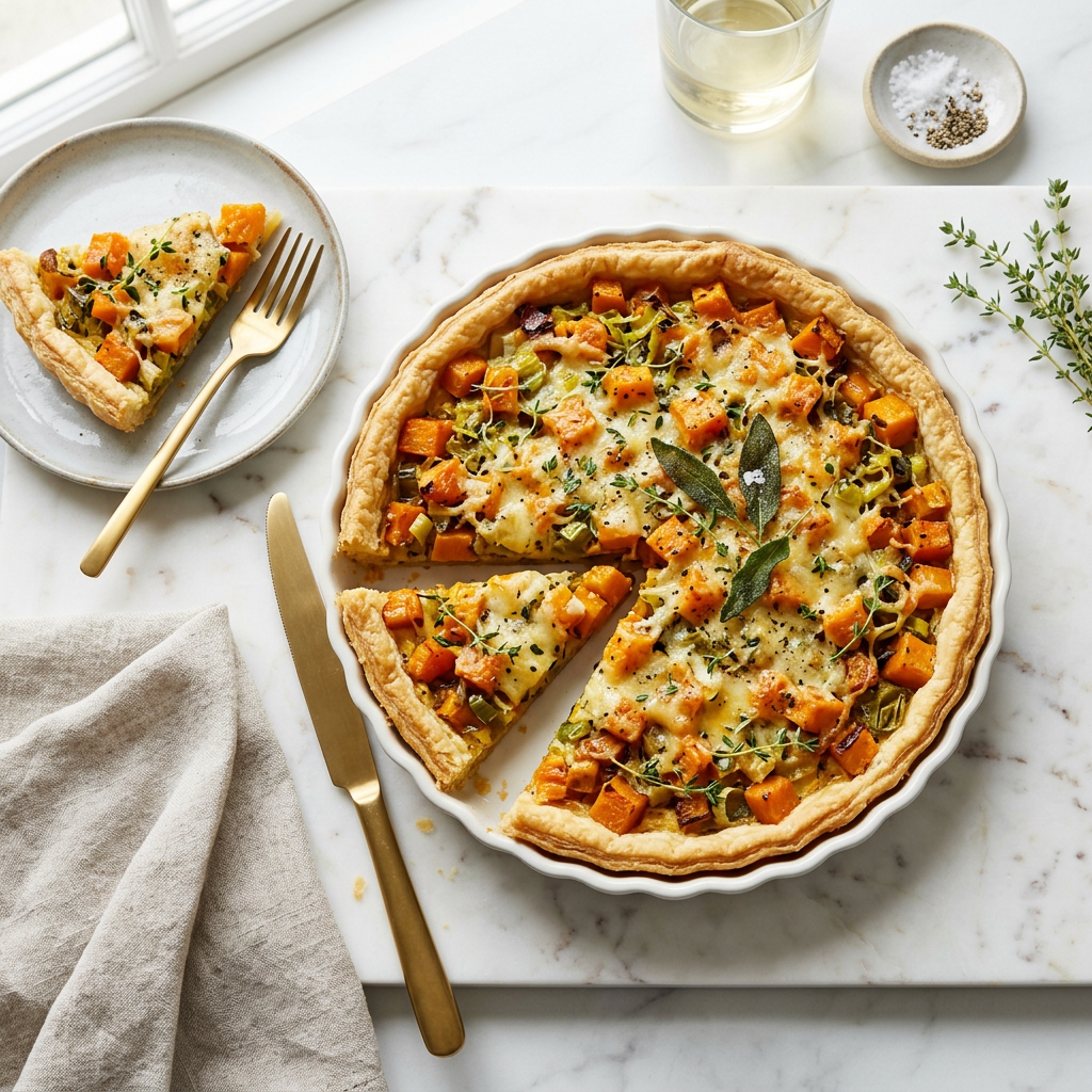 Golden butternut squash tart with cheese and herbs, one slice served