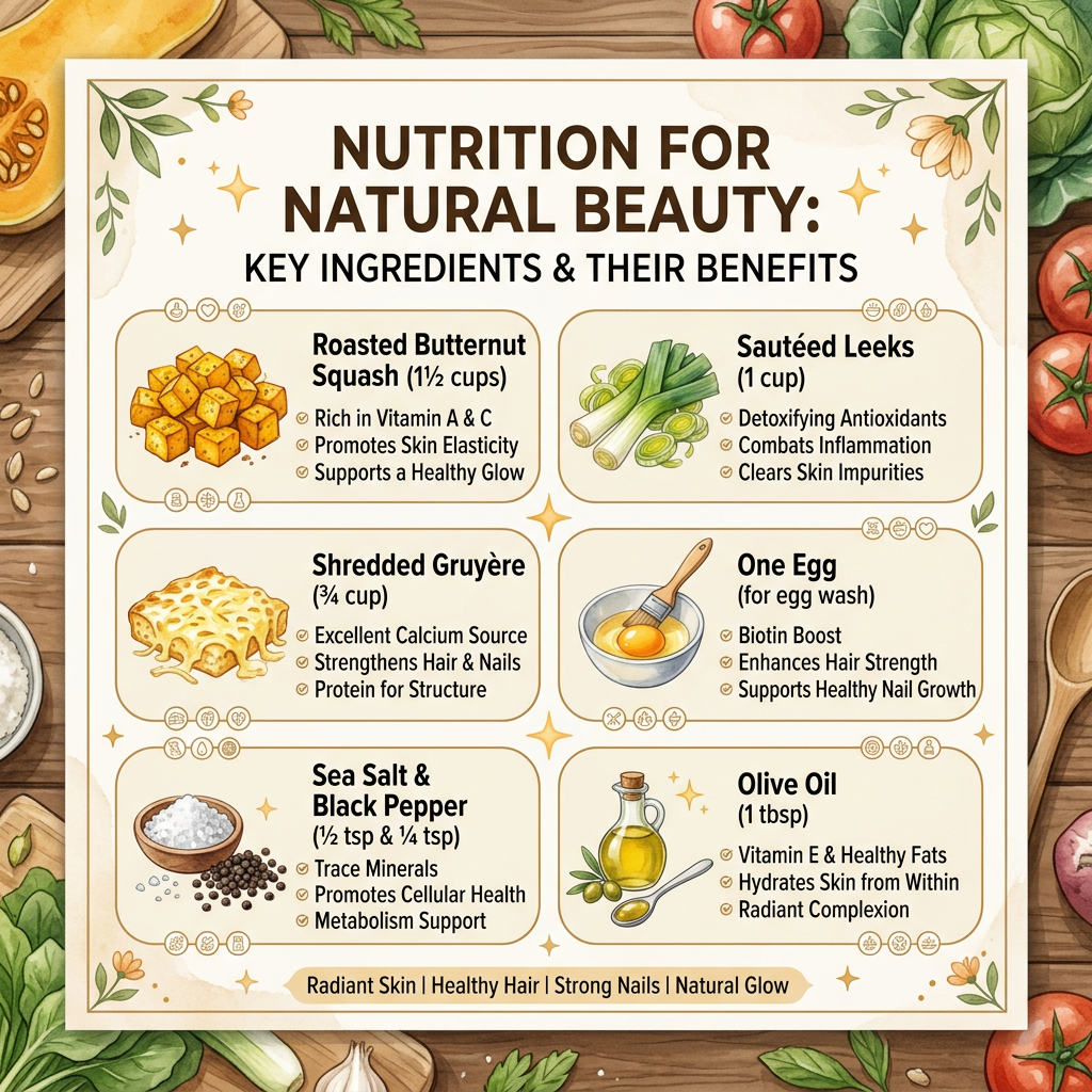Nutrition for Natural Beauty: Key Ingredients & Their Benefits. Roasted Butternut Squash (1½ cups): Rich in Vitamin A & C; Promotes Skin Elasticity; Supports a Healthy Glow. Sautéed Leeks (1 cup): Detoxifying Antioxidants; Combats Inflammation; Clears Skin Impurities. Shredded Gruyère (¾ cup): Excellent Calcium Source; Strengthens Hair & Nails; Protein for Structure. One Egg (for egg wash): Biotin Boost; Enhances Hair Strength; Supports Healthy Nail Growth. Sea Salt & Black Pepper (½ tsp & ¼ tsp): Trace Minerals; Promotes Cellular Health; Metabolism Support. Olive Oil (1 tbsp): Vitamin E & Healthy Fats; Hydrates Skin from Within; Radiant Complexion. Radiant Skin | Healthy Hair | Strong Nails | Natural Glow.