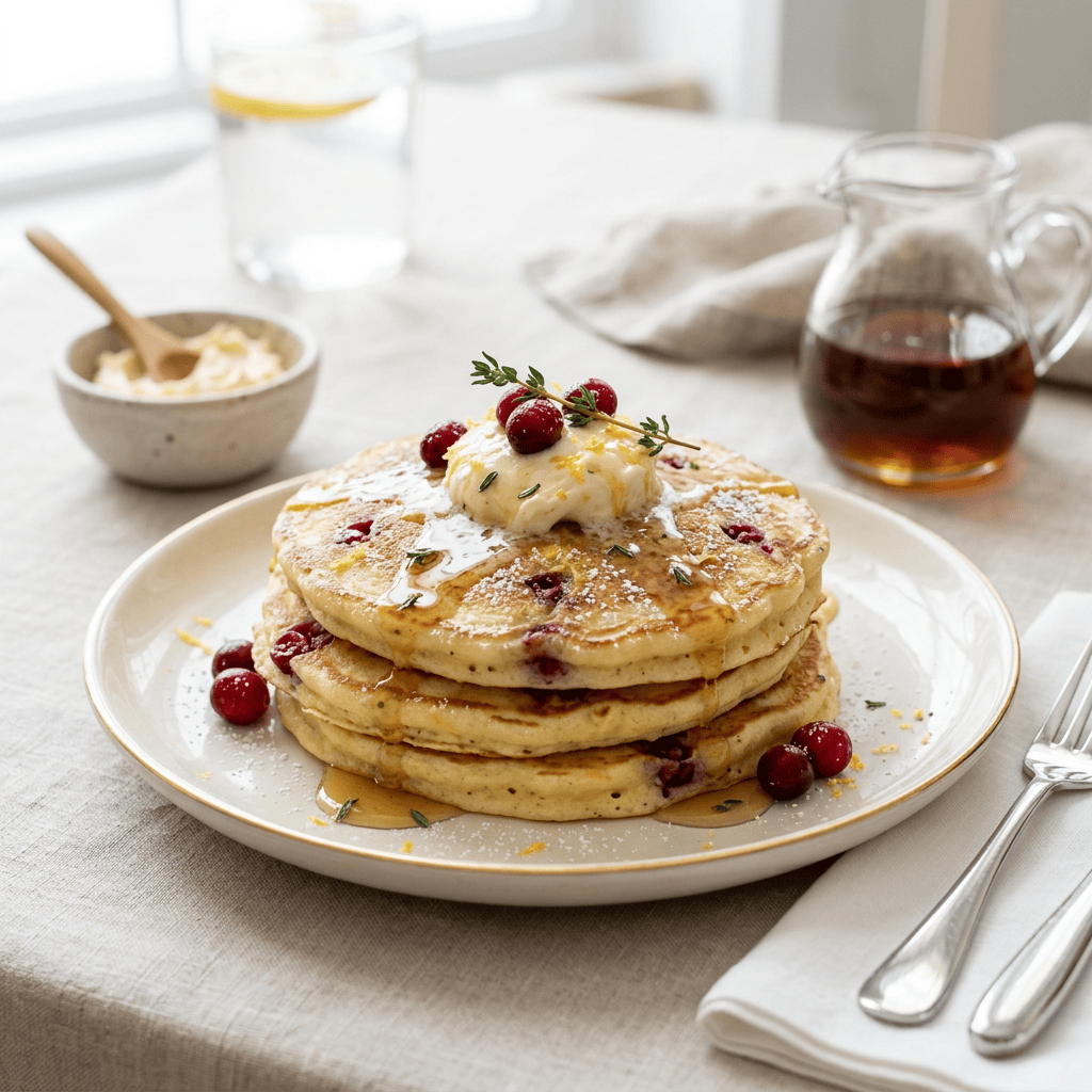 Stack of cranberry pancakes topped with cream, syrup, and fresh cranberries
