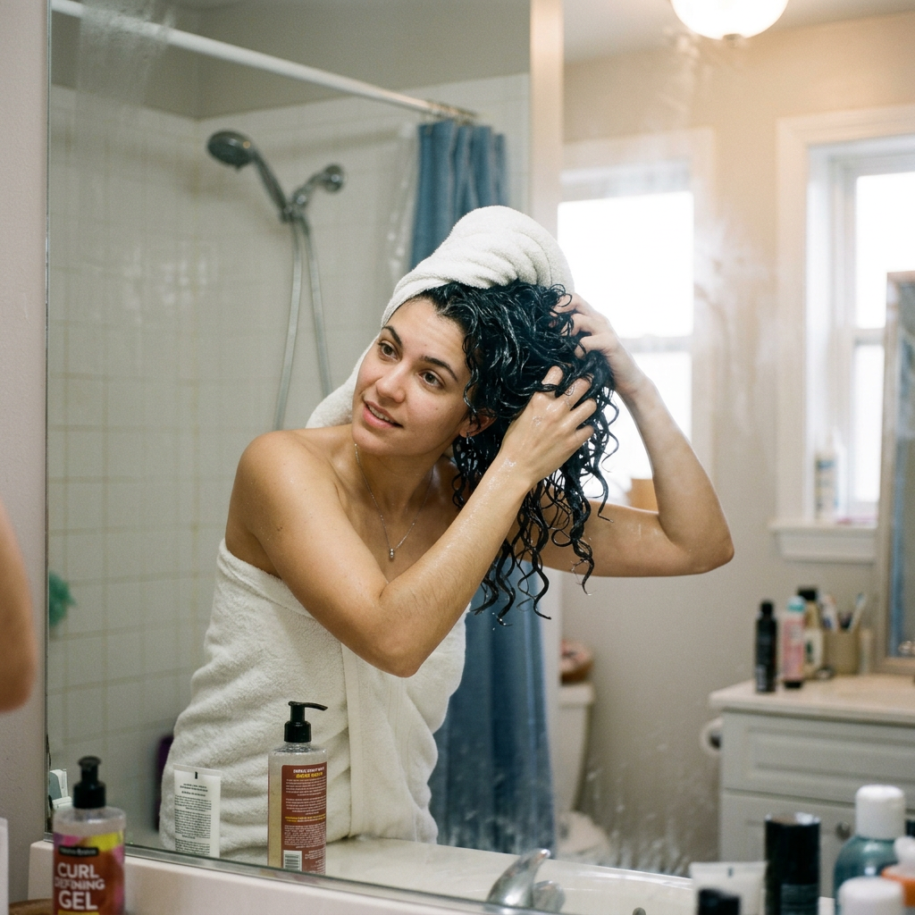 Woman in a towel drying her curly hair in a bathroom mirror