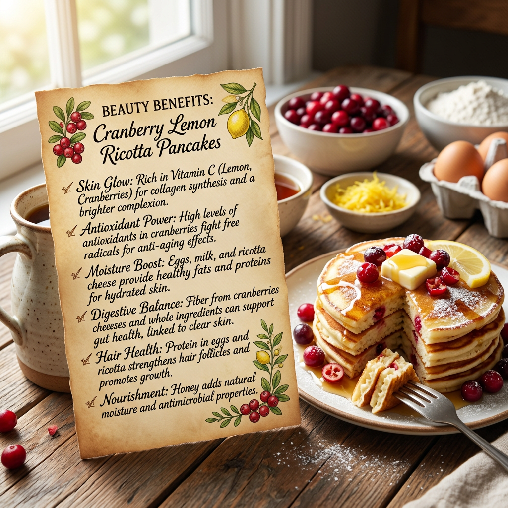 Recipe card reading “BEAUTY BENEFITS: Cranberry Lemon Ricotta Pancakes” with claims about skin glow, antioxidants, moisture, digestion, hair health, and honey nourishment, beside cranberry lemon ricotta pancakes and ingredients.
