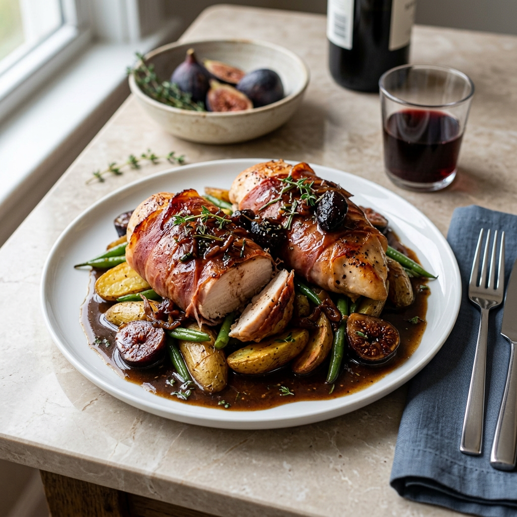 Prosciutto-wrapped roasted chicken with potatoes, green beans, figs, and pan sauce