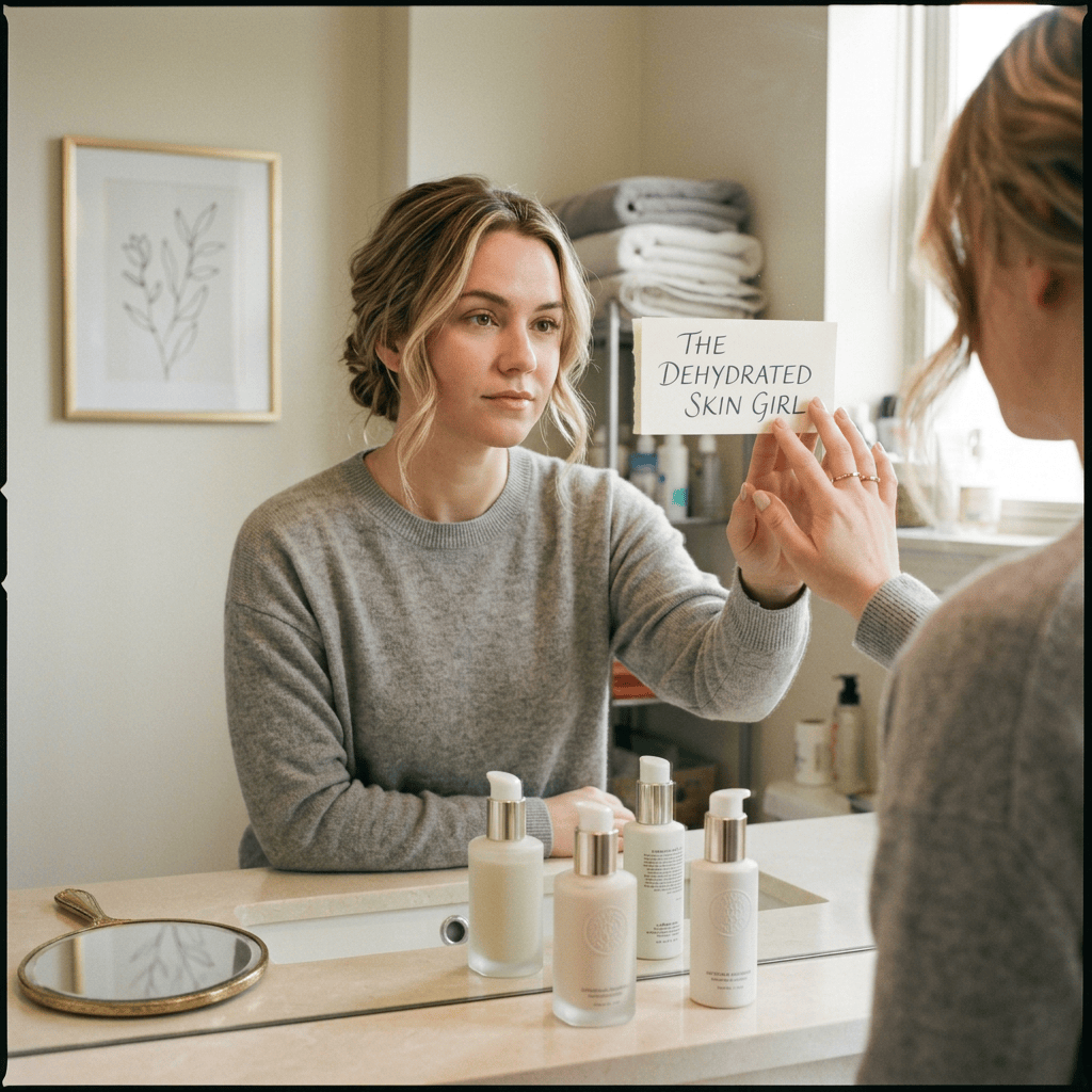 Woman holding sign reading “THE DEHYDRATED SKIN GIRL” beside skincare products