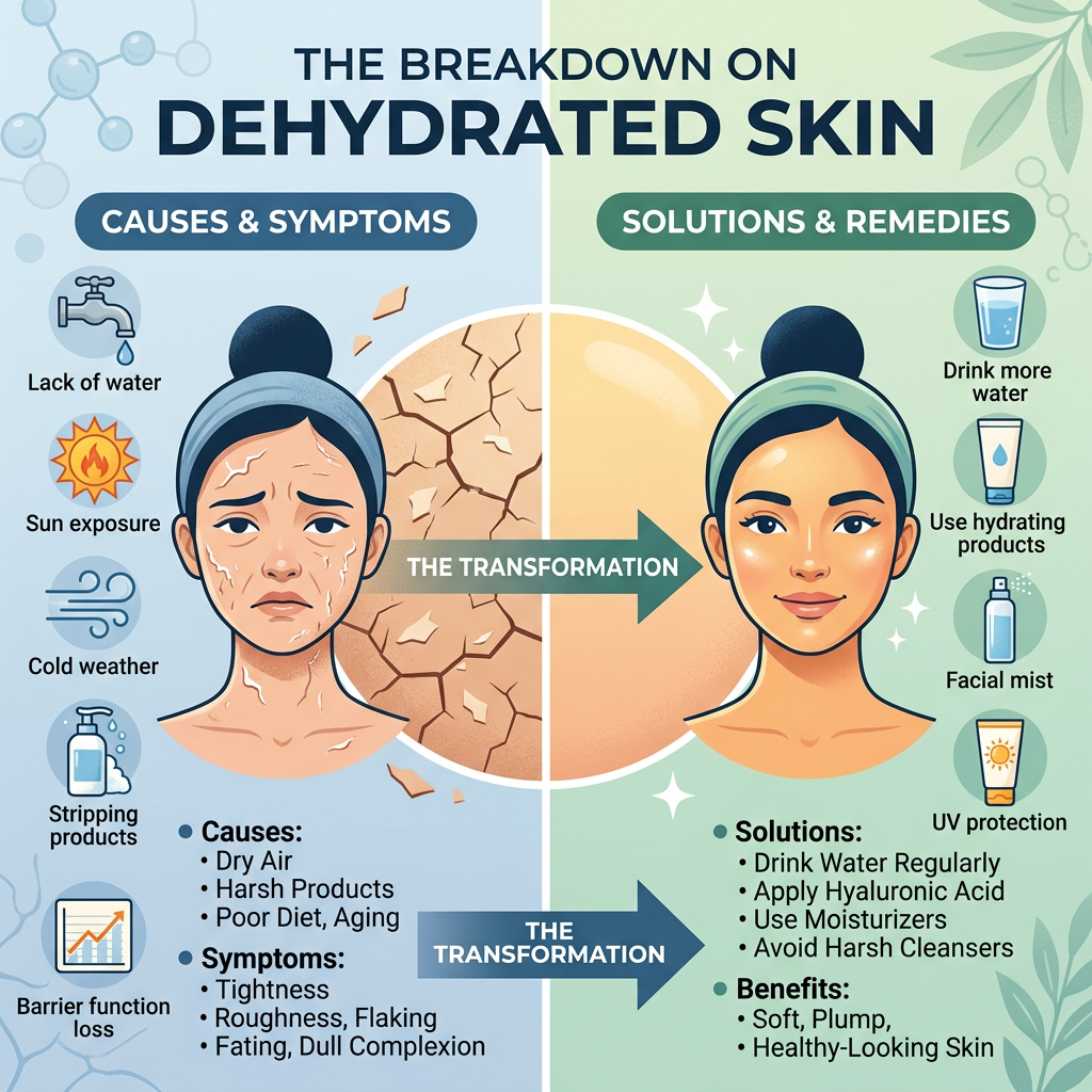 Infographic comparing dehydrated skin causes and symptoms with solutions and remedies