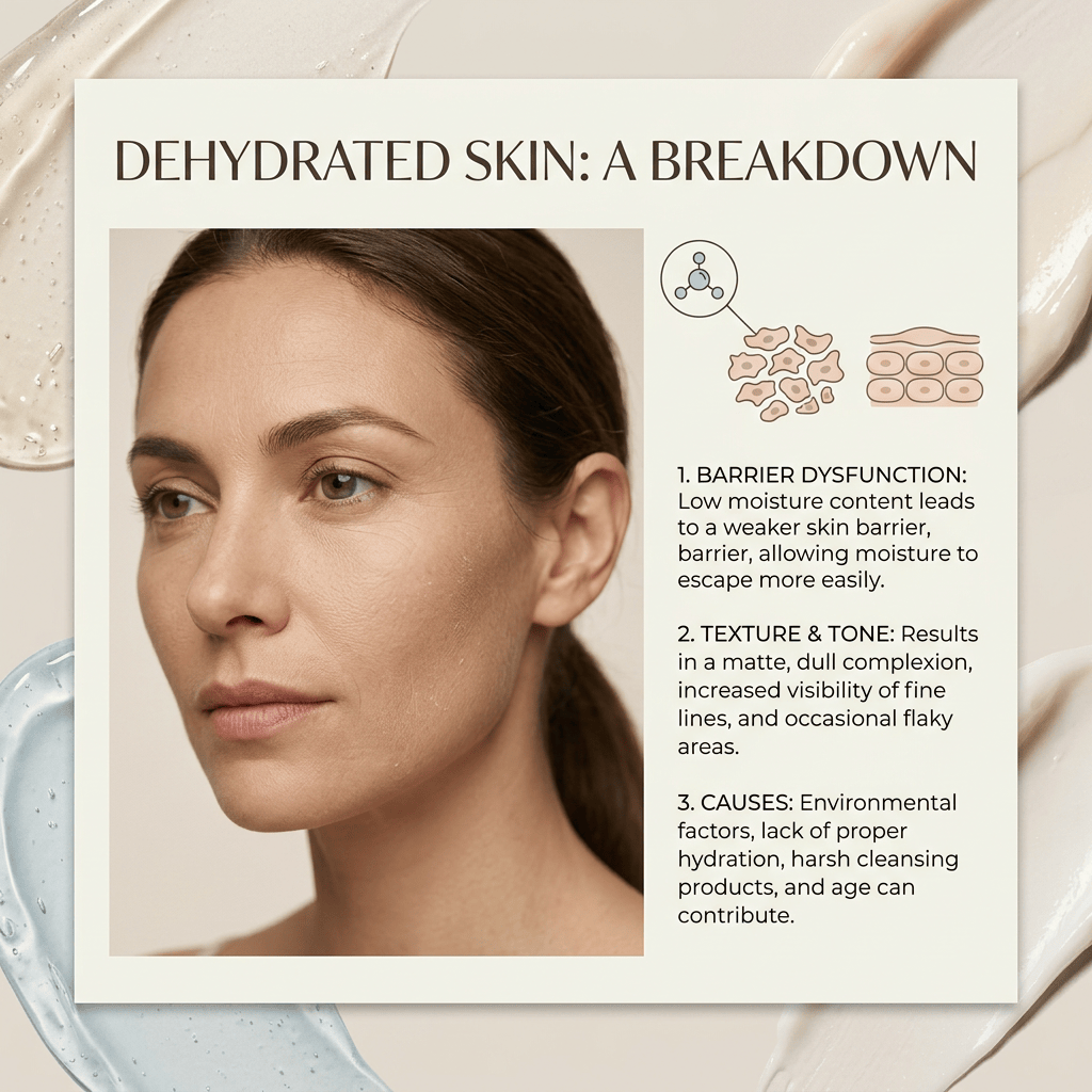 DEHYDRATED SKIN: A BREAKDOWN. 1. BARRIER DYSFUNCTION: Low moisture content leads to a weaker skin barrier, allowing moisture to escape more easily. 2. TEXTURE & TONE: Results in a matte, dull complexion, increased visibility of fine lines, and occasional flaky areas. 3. CAUSES: Environmental factors, lack of proper hydration, harsh cleansing products, and age can contribute.