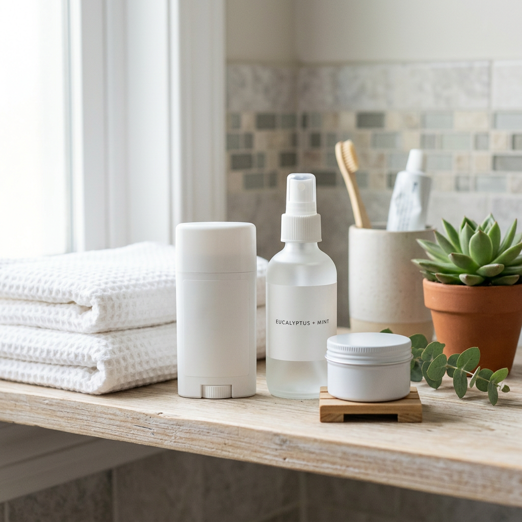 Editorial unbranded deodorant bathroom still life