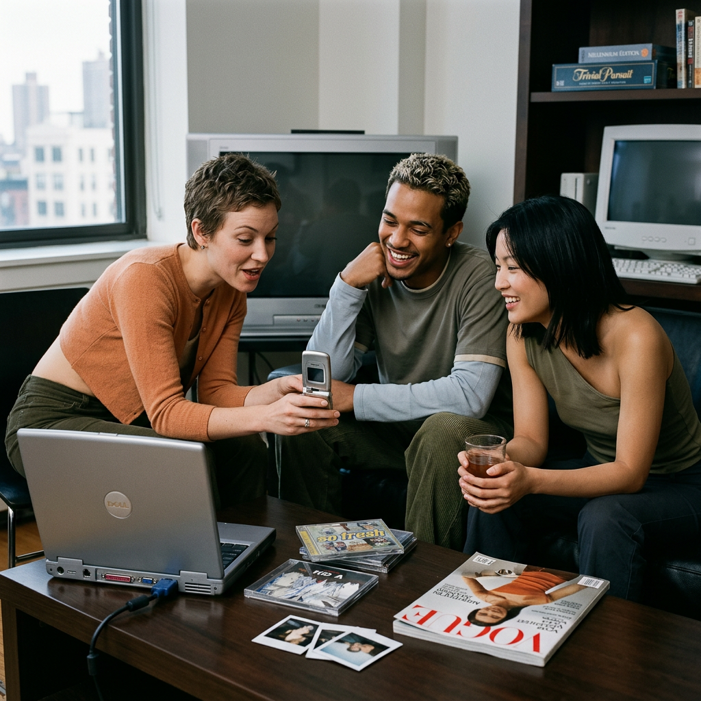Three friends laughing together with a phone, laptop, photos, and magazines