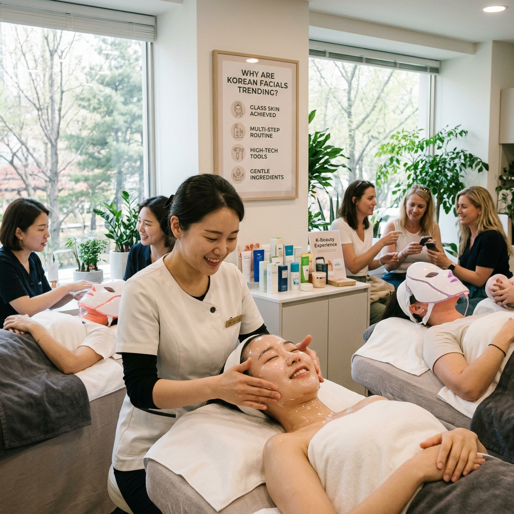 Korean facial spa with treatments, products, and poster reading “Why Are Korean Facials Trending? Glass Skin Achieved.”