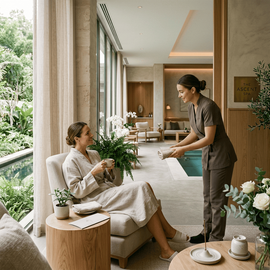 Spa attendant serving a seated guest in a relaxing lounge