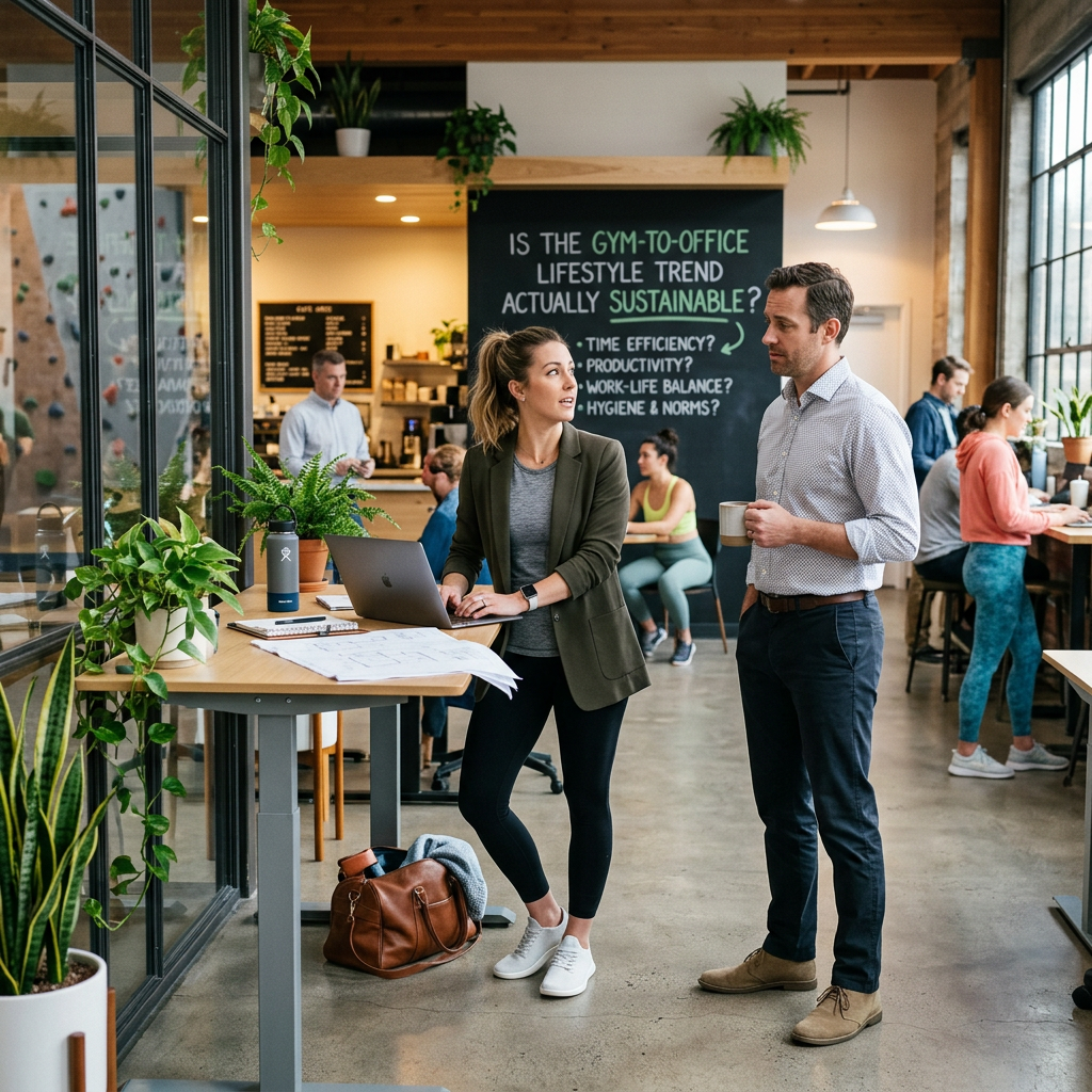 Two colleagues discuss gym-to-office lifestyles beside a laptop and chalkboard