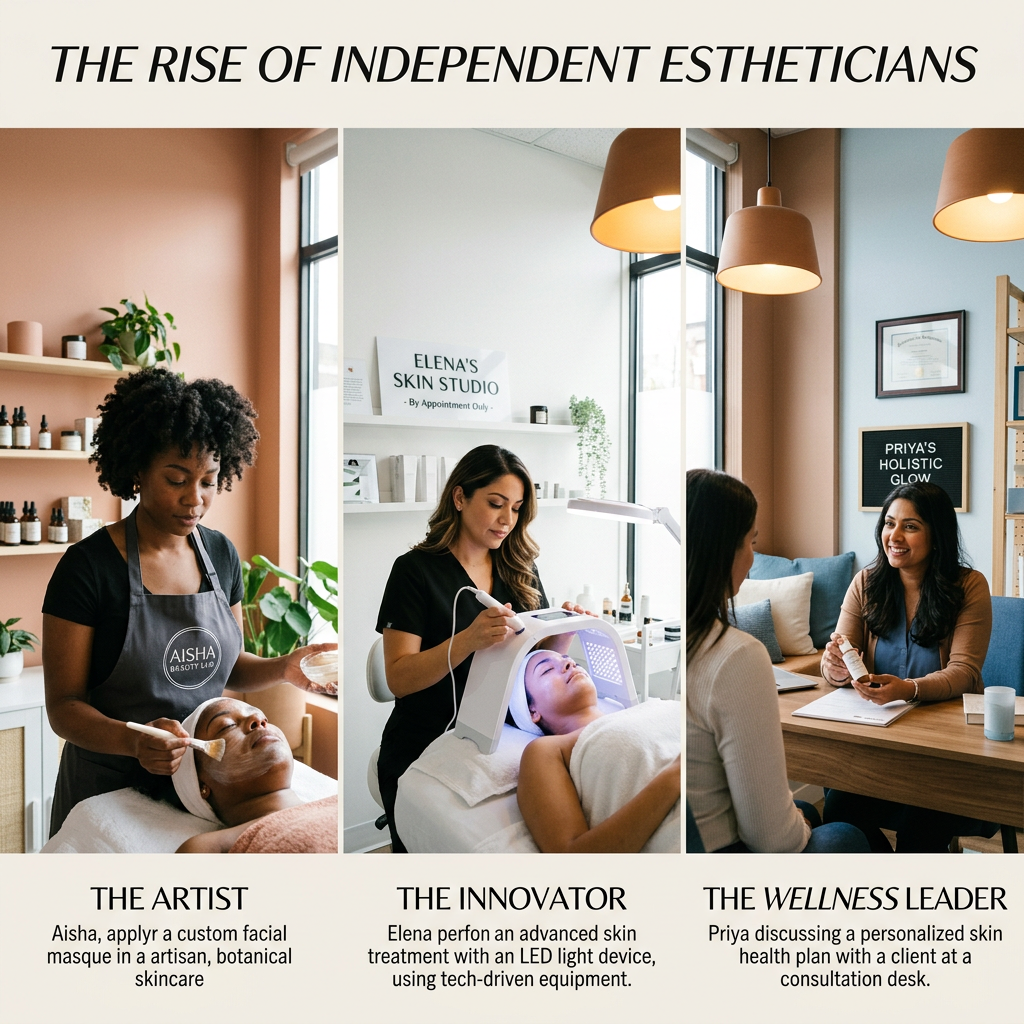 The Rise of Independent Estheticians; The Artist: Aisha, apply a custom facial masque in an artisan, botanical skincare; The Innovator: Elena performing an advanced skin treatment with an LED light device using tech-driven equipment; The Wellness Leader: Priya discussing a personalized skin health plan with a client at a consultation desk; signs read Aisha Beauty Lab, Elena's Skin Studio, and Priya's Holistic Glow.