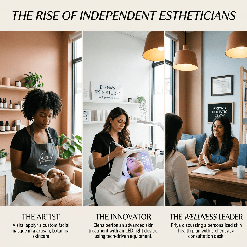 The Rise of Independent Estheticians; The Artist: Aisha, apply a custom facial masque in an artisan, botanical skincare; The Innovator: Elena performing an advanced skin treatment with an LED light device using tech-driven equipment; The Wellness Leader: Priya discussing a personalized skin health plan with a client at a consultation desk; signs read Aisha Beauty Lab, Elena's Skin Studio, and Priya's Holistic Glow.