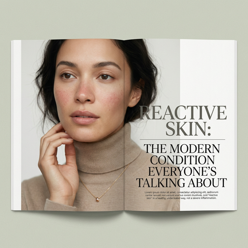 Magazine spread reading “REACTIVE SKIN: THE MODERN CONDITION EVERYONE’S TALKING ABOUT,” with a woman in a beige turtleneck and small lorem ipsum text below.