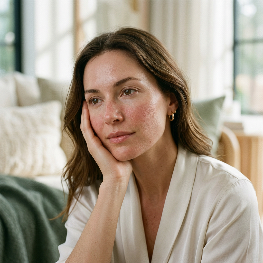 Woman resting her face on her hand in a softly lit room