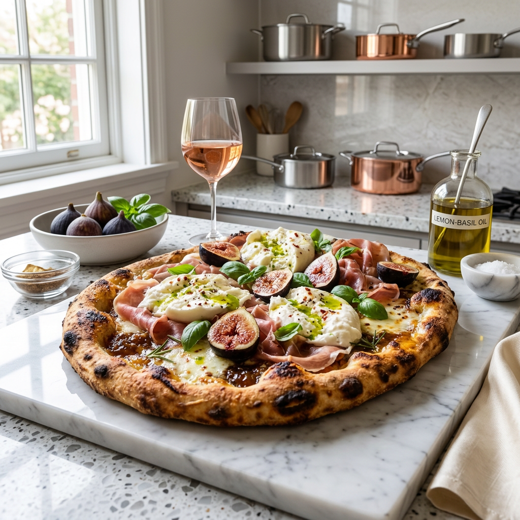 Wood-fired pizza topped with figs, prosciutto, burrata, and basil