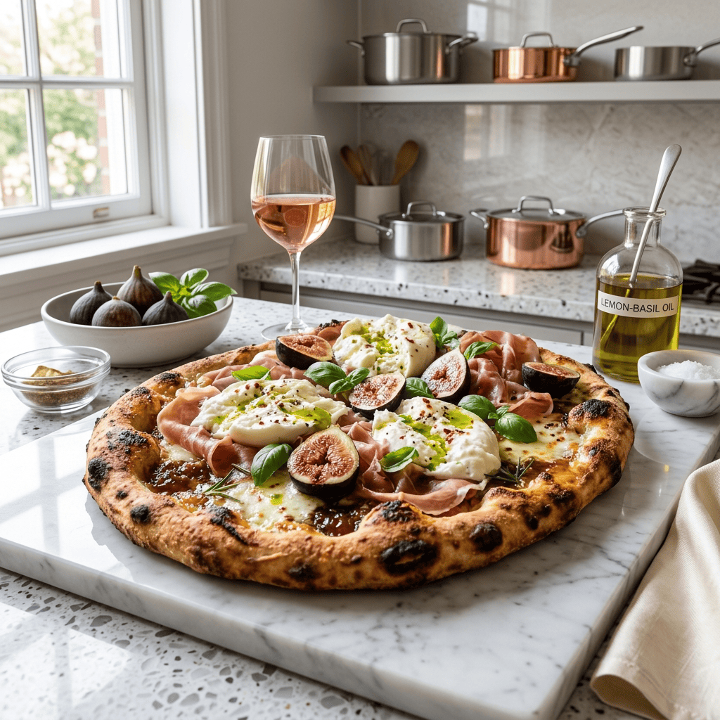 Wood-fired pizza topped with figs, prosciutto, burrata, and basil