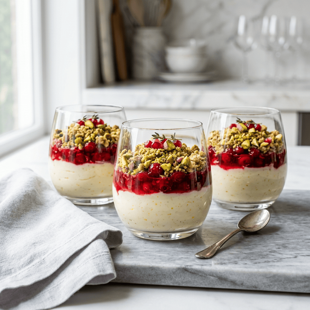 Three glasses of layered creamy dessert topped with berries, pistachios, and crumble