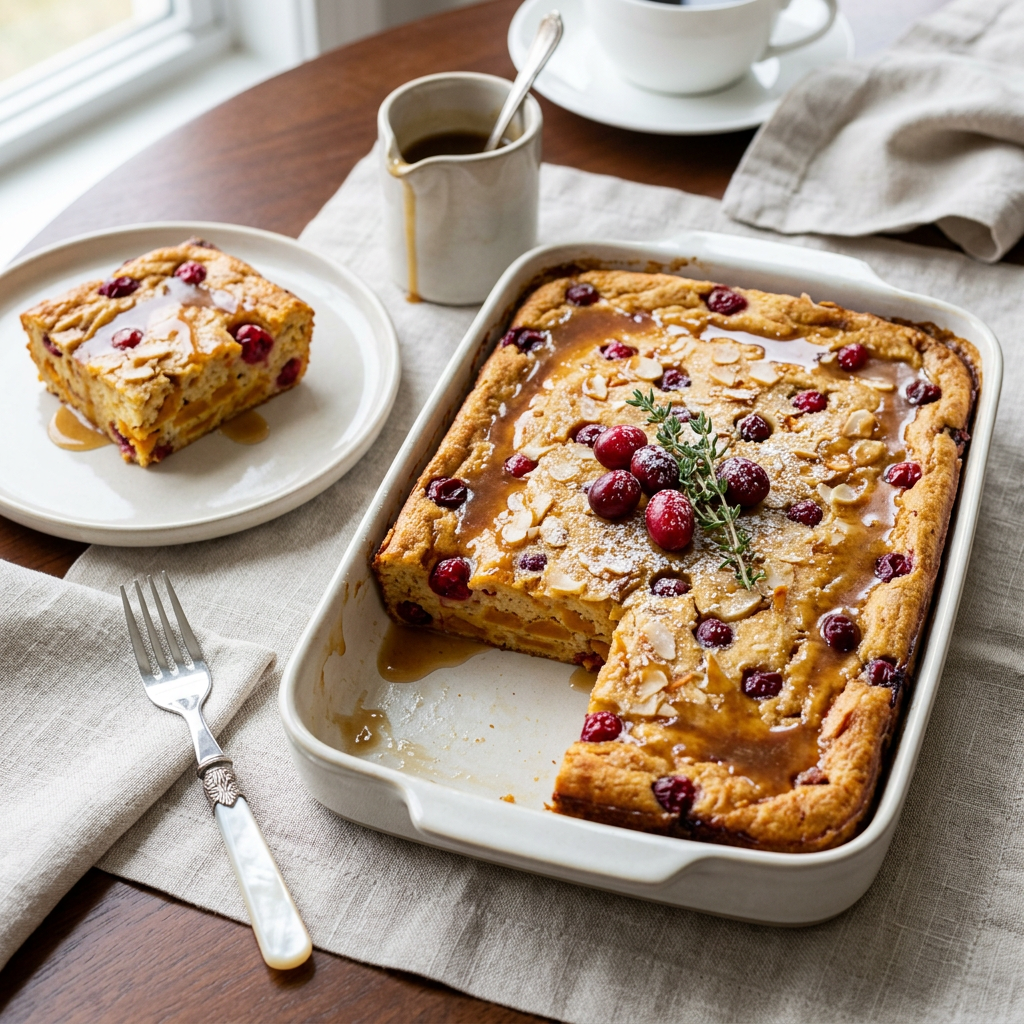 Elegant pumpkin cranberry pancake bake with maple brown butter