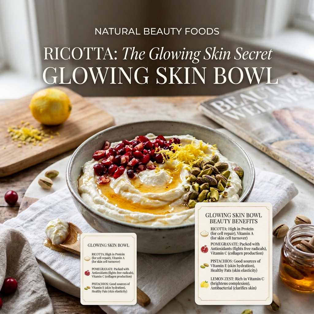 Text reads Natural Beauty Foods; Ricotta: The Glowing Skin Secret; Glowing Skin Bowl. Cards list ricotta, pomegranate, pistachios, and lemon zest beauty benefits.
