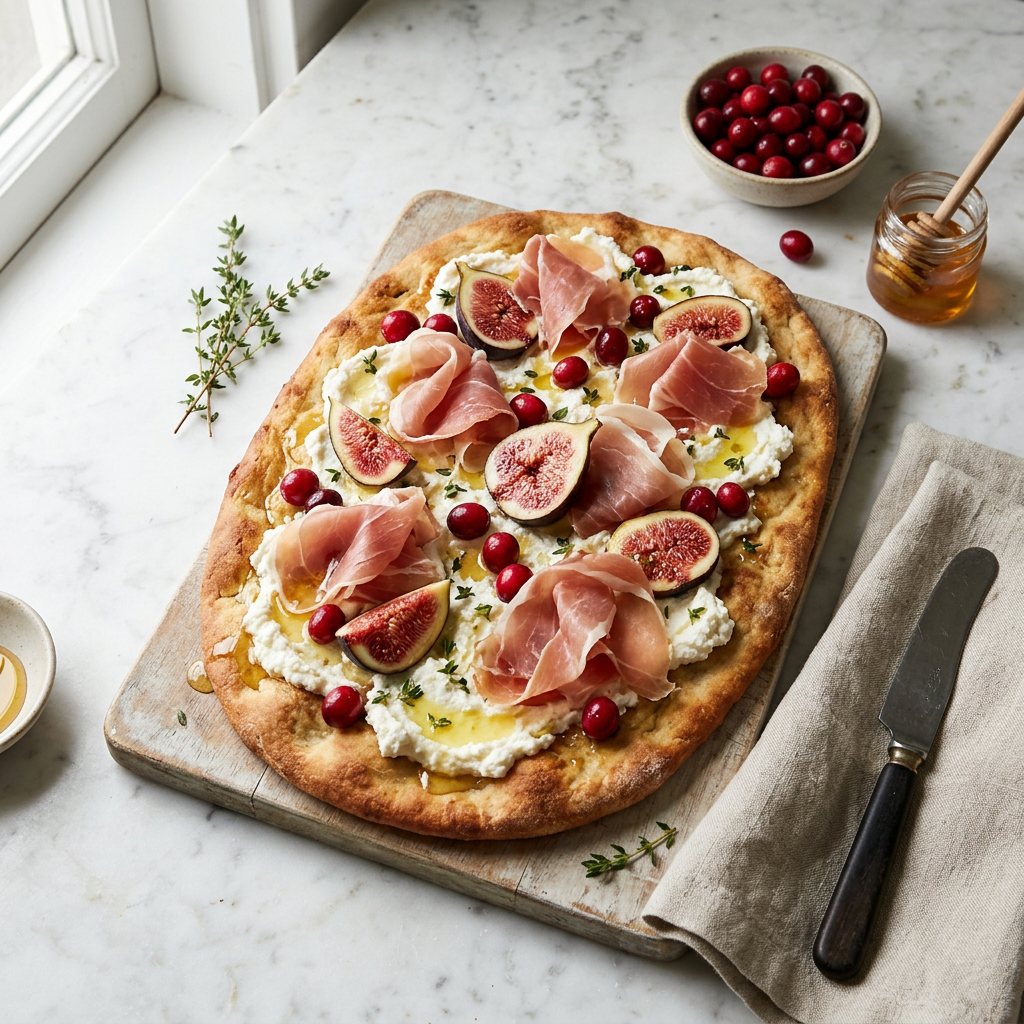 Flatbread topped with ricotta, figs, prosciutto, cranberries, honey, and thyme