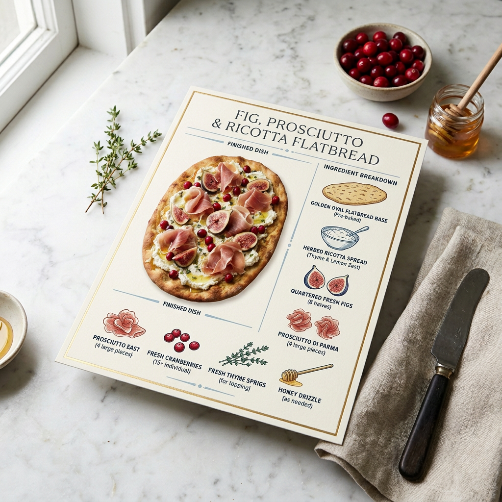 Flatbread topped with ricotta, figs, prosciutto, cranberries, honey, and thyme