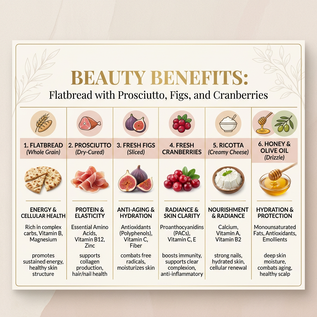 Infographic titled "BEAUTY BENEFITS: Flatbread with Prosciutto, Figs, and Cranberries" listing six ingredients and wellness claims.