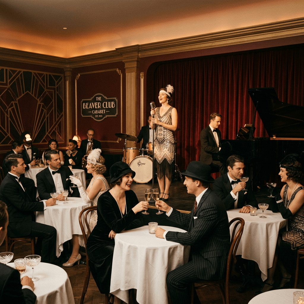 Singer performs with jazz musicians before guests at The Beaver Club Cabaret, Est. 1923.