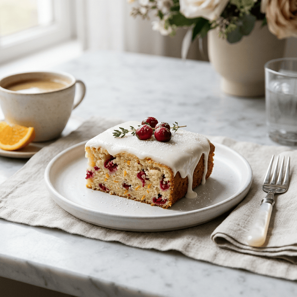 Slice of cranberry-orange cake with white glaze, berries, coffee, and orange slice