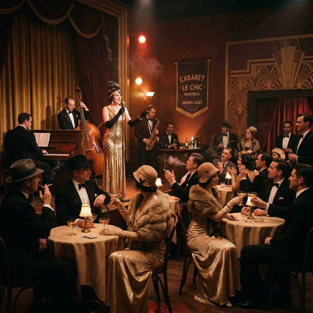 Singer performs with jazz band before elegantly dressed cabaret guests