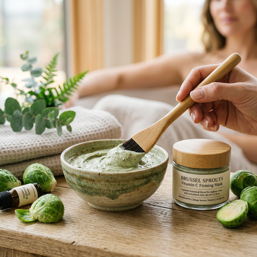 Hand stirring green mask beside jar labeled BRUSSEL SPROUTS Vitamin C Firming Mask