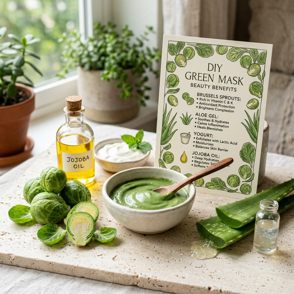 DIY GREEN MASK BEAUTY BENEFITS; JOJOBA OIL bottle; green mask bowl; Brussels sprouts, aloe vera, yogurt, and beauty-benefit text.
