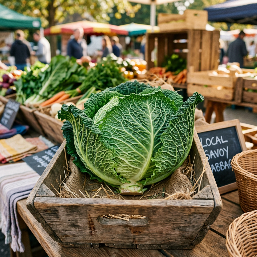 Large savoy cabbage in a wooden crate at a farmers market