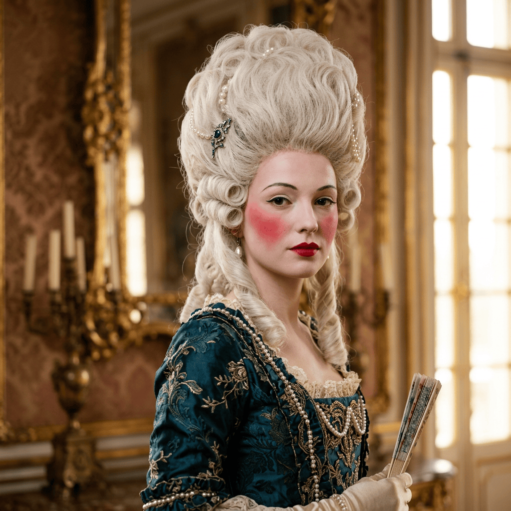 Powdered noblewoman in teal gown holding a fan in an ornate palace