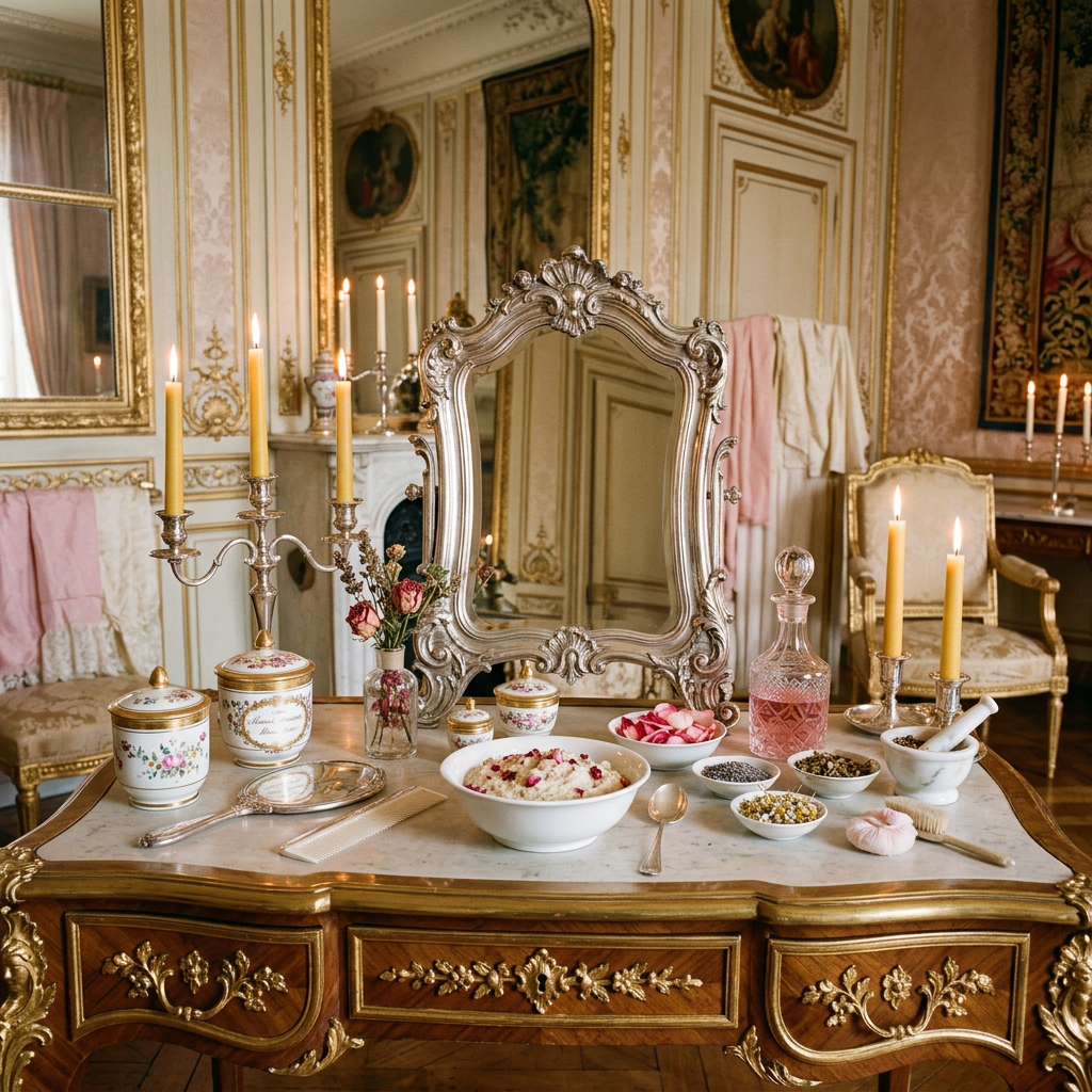 Ornate vanity with mirror, candles, porcelain jars, flowers, and beauty items