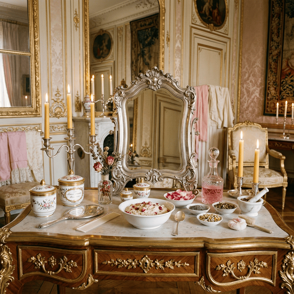 Ornate vanity with mirror, candles, porcelain jars, flowers, and beauty items