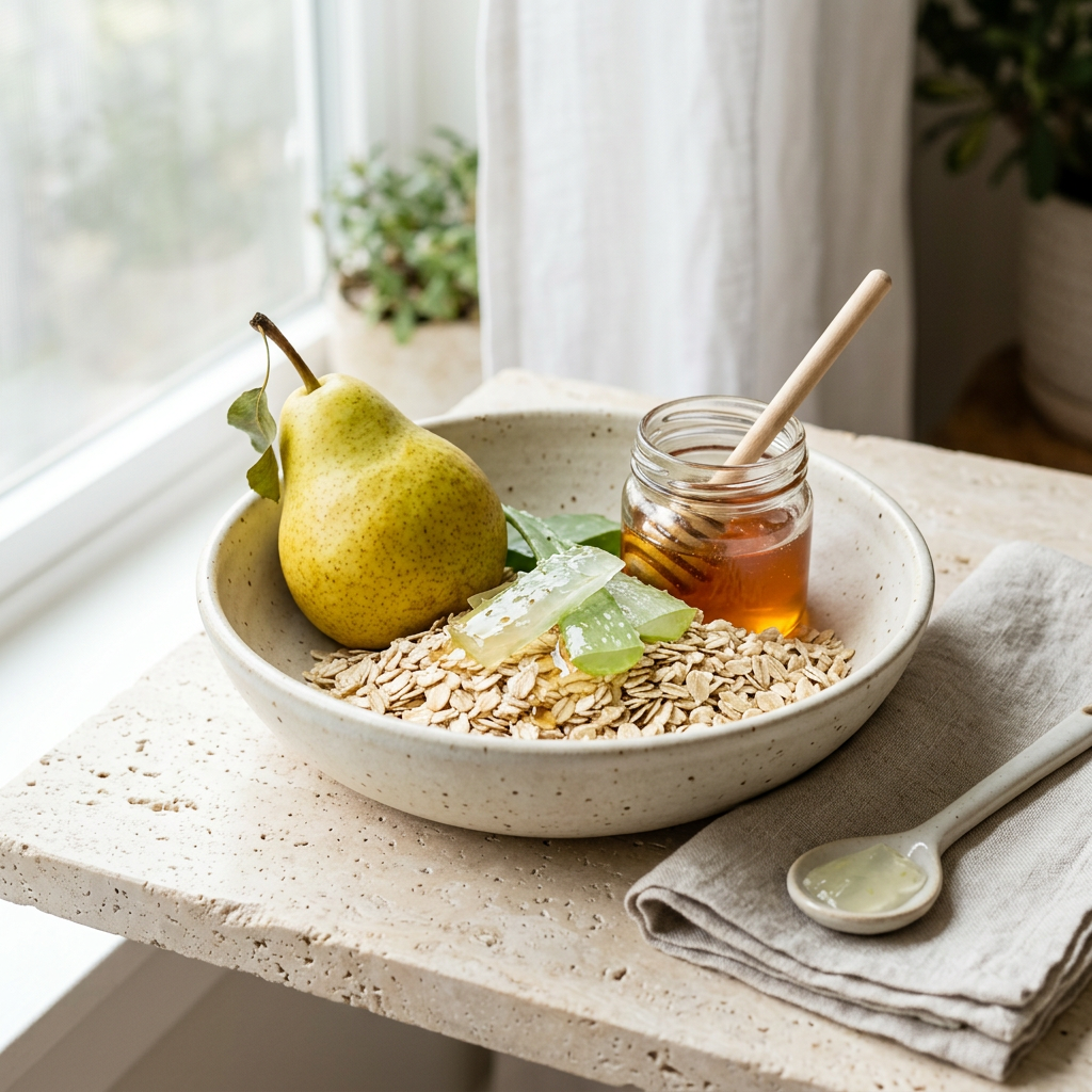 Bowl of oats with pear, aloe, honey, and wooden spoon