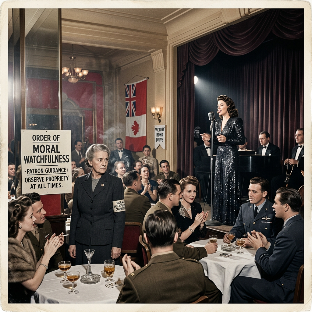 Singer performs before seated patrons; signs read “ORDER OF MORAL WATCHFULNESS—PATRON GUIDANCE: OBSERVE PROPRIETY AT ALL TIMES” and “VICTORY BOND DRIVE.”