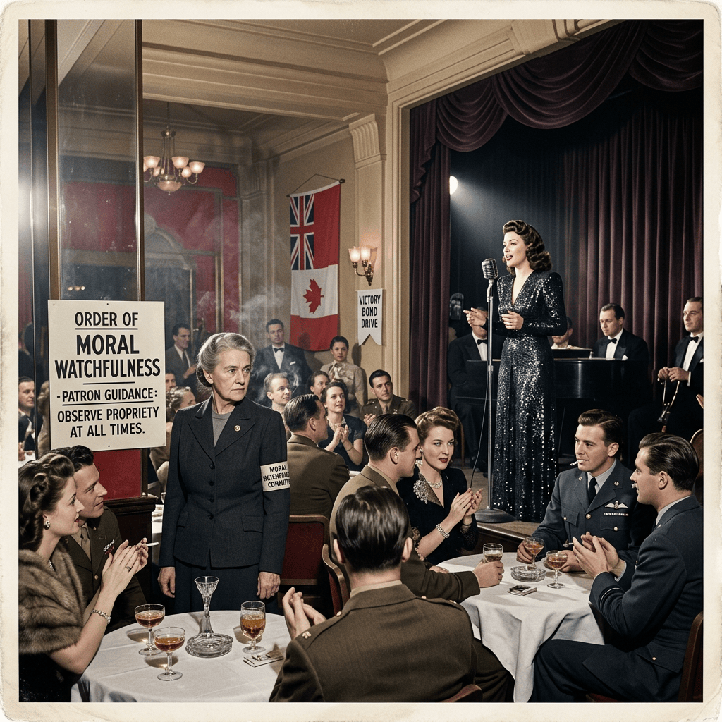 Singer performs before seated patrons; signs read “ORDER OF MORAL WATCHFULNESS—PATRON GUIDANCE: OBSERVE PROPRIETY AT ALL TIMES” and “VICTORY BOND DRIVE.”