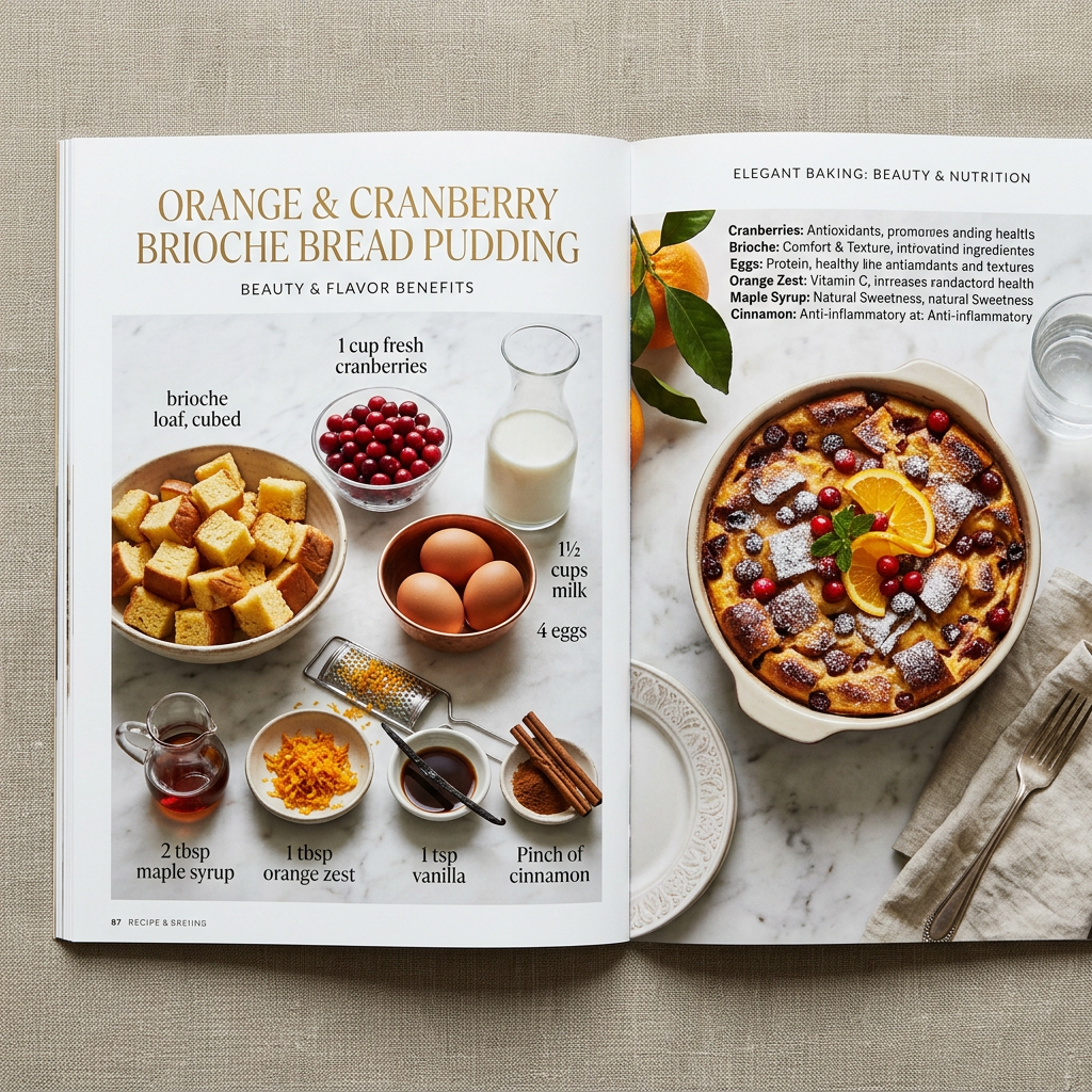 Cookbook spread titled Orange & Cranberry Brioche Bread Pudding, with ingredients and finished dessert