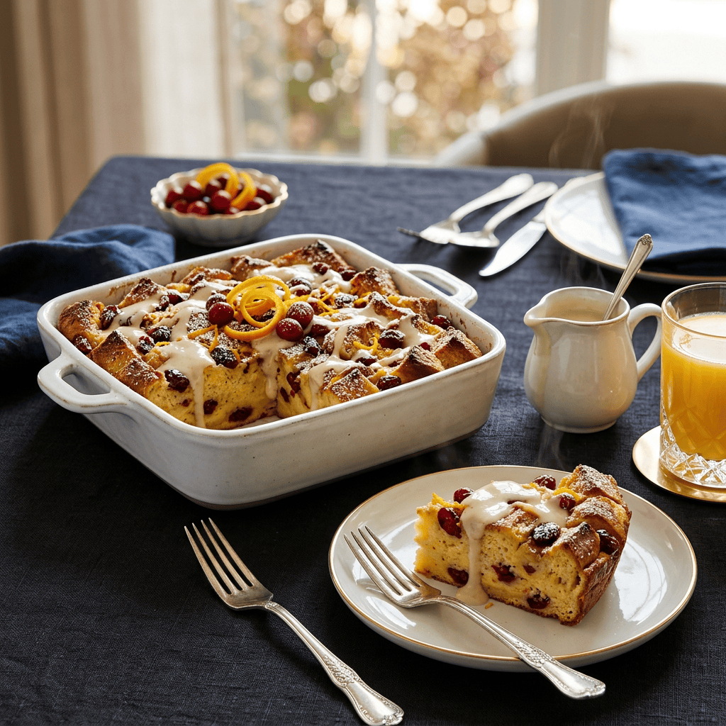 Cranberry-orange bread pudding with icing served alongside orange juice