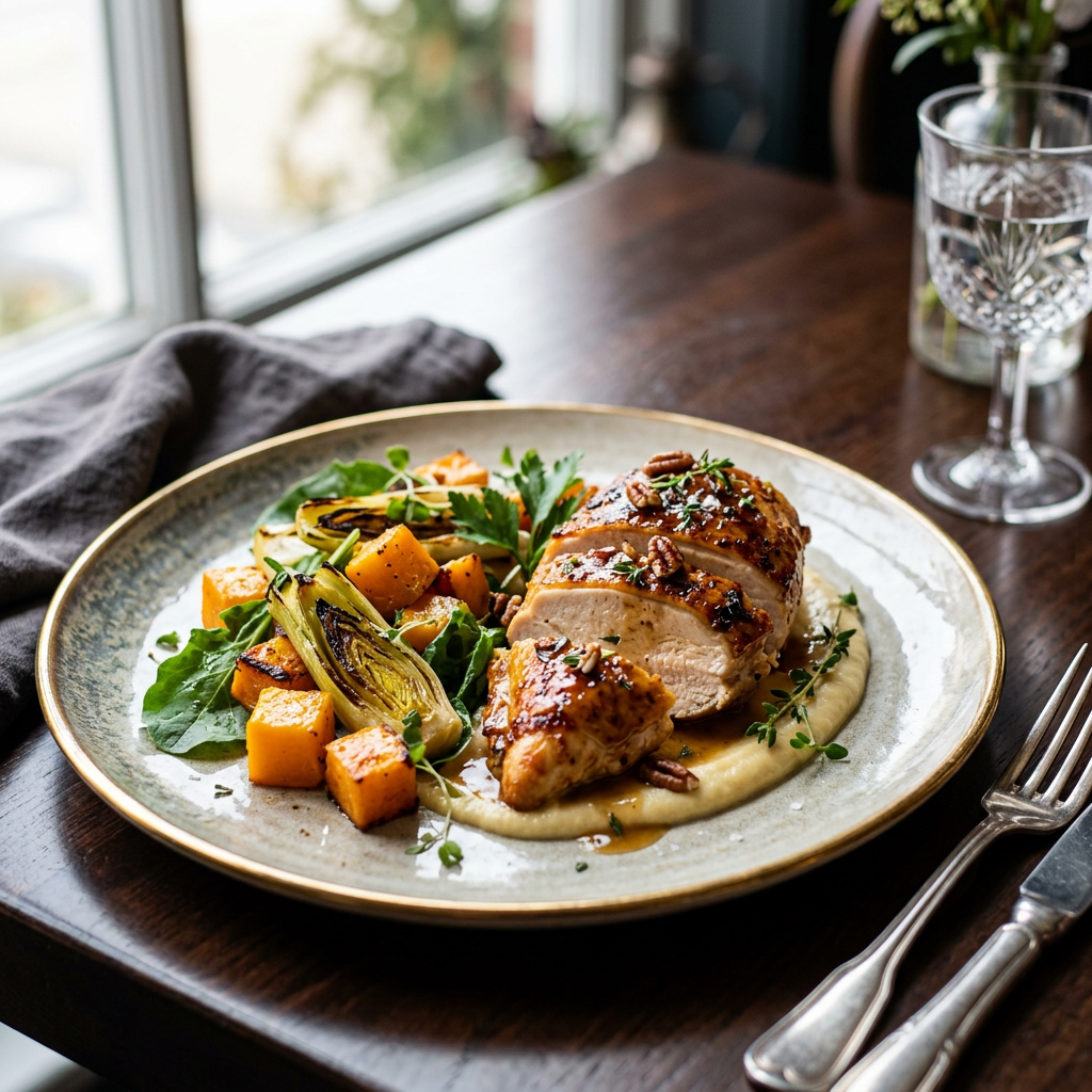 Sliced glazed chicken with roasted vegetables on creamy purée