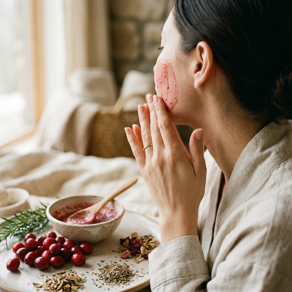 Hands applying cranberry mask in editorial skincare scene