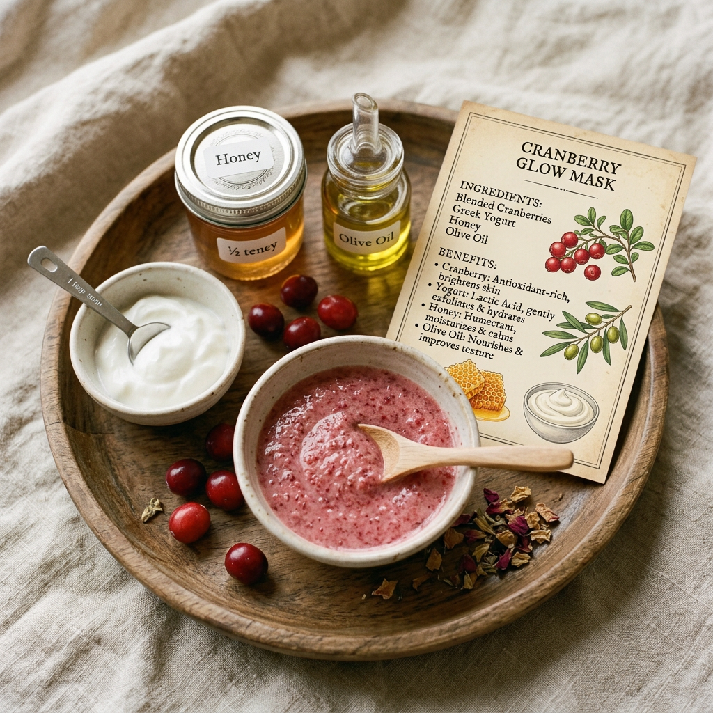 Beauty benefits card featuring cranberry mask ingredients