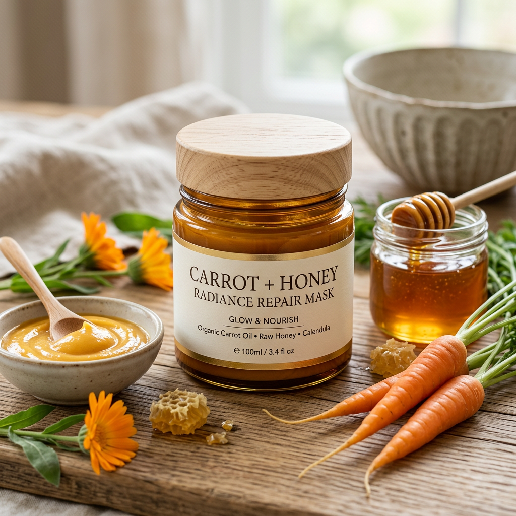 Carrot and Honey Radiance Repair Mask jar with carrots, honey, and calendula flowers