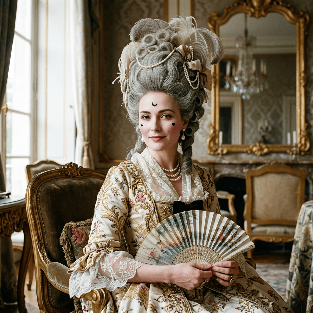 Woman in ornate Rococo dress holding a decorative folding fan