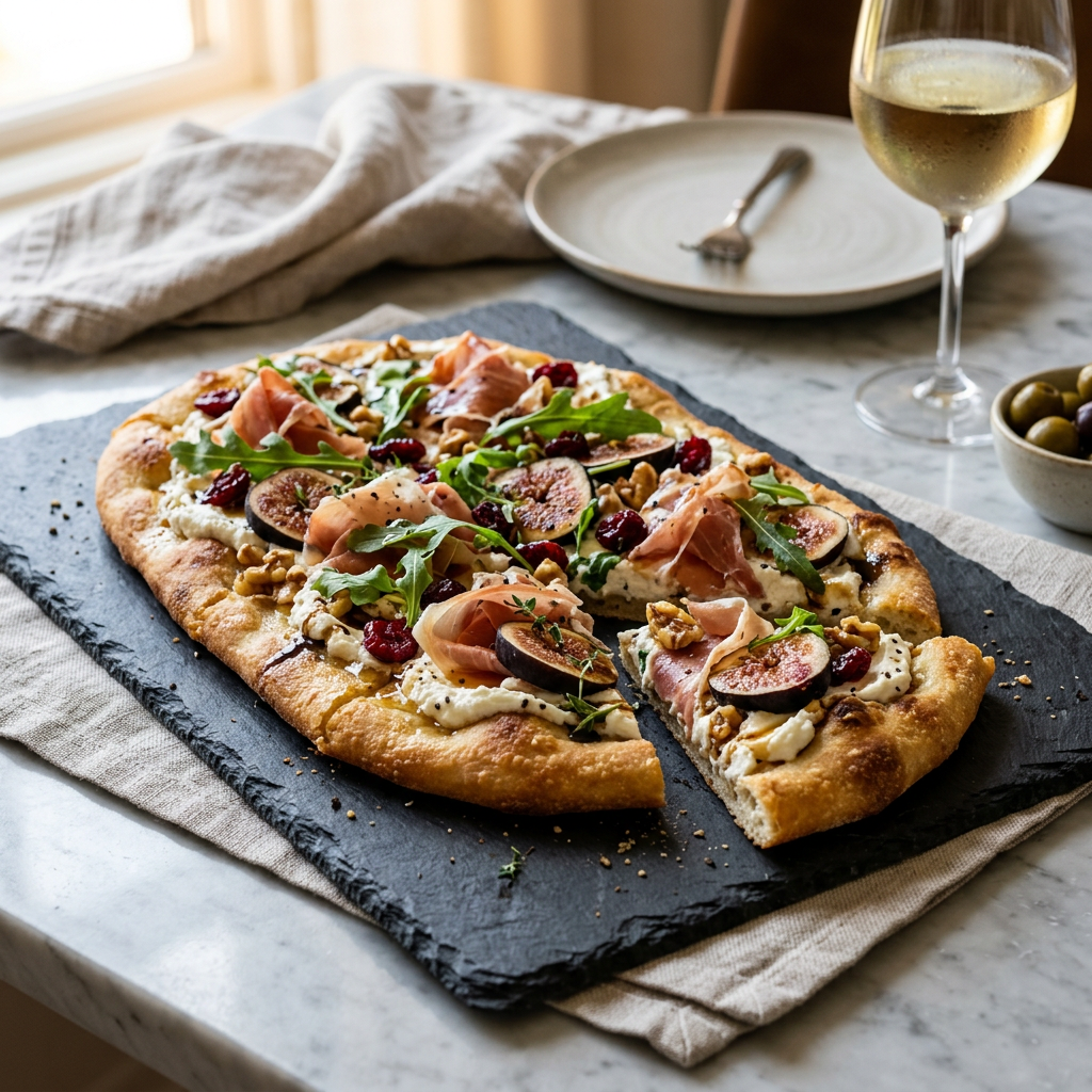 Flatbread topped with figs, prosciutto, greens, walnuts, and cranberries