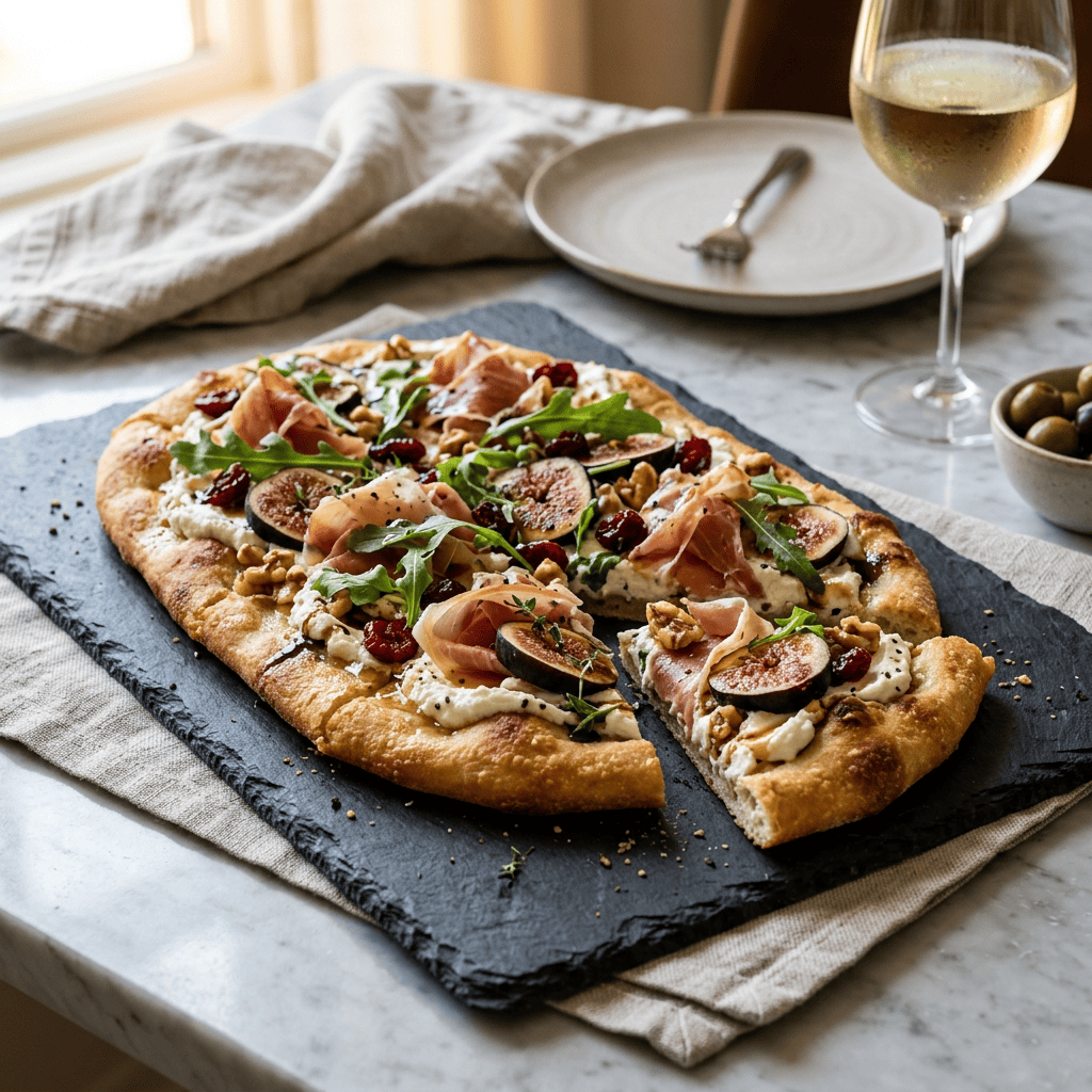 Flatbread topped with figs, prosciutto, greens, walnuts, and cranberries