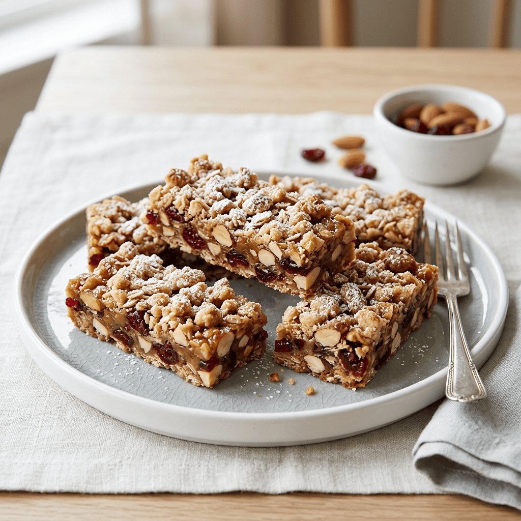 Four cranberry almond crumble bars on a plate with fork